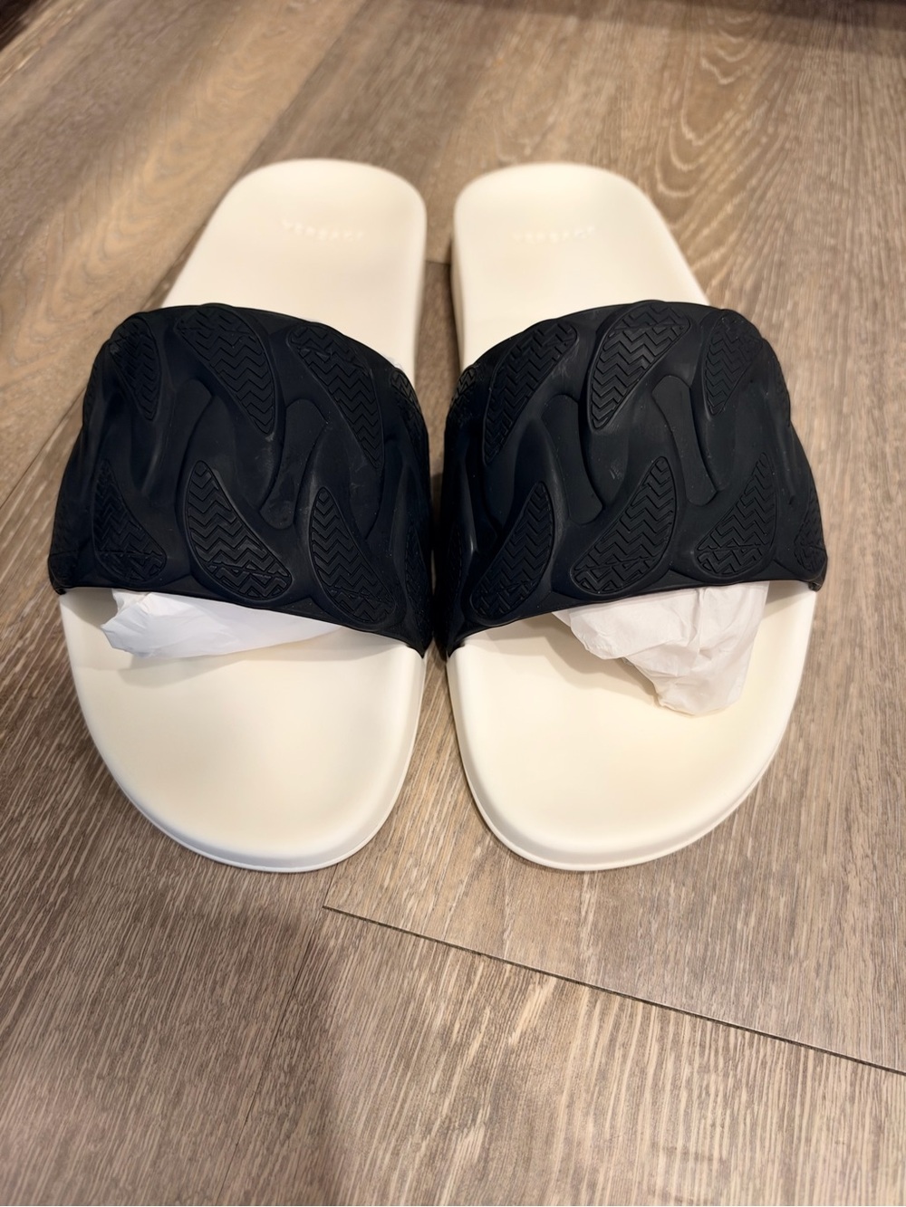 Versace Black and White Slide Sandals with Textured Strap